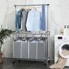 Grey 4-Bag Laundry Cart Hamper with Hanging Garment Rack Bar