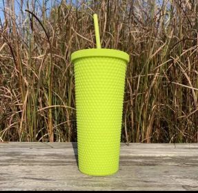 Outdoor Plastic Double Frosted Mug With Straw (Color: Yellow)
