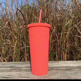 Outdoor Plastic Double Frosted Mug With Straw (Color: Orange)